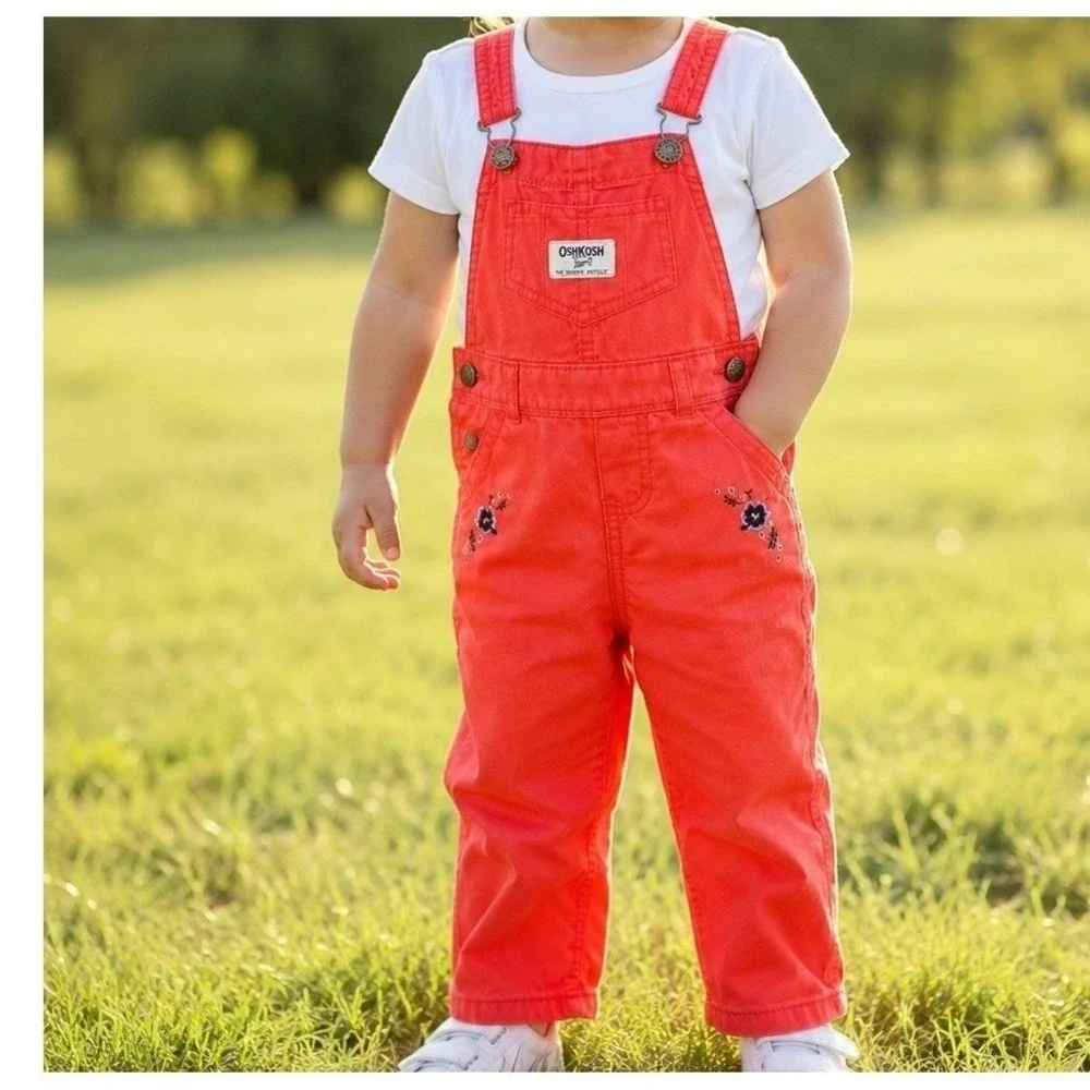OshKosh B'gosh Baby‎ Girls Coral Floral Embroidered Overalls 12M Cotton